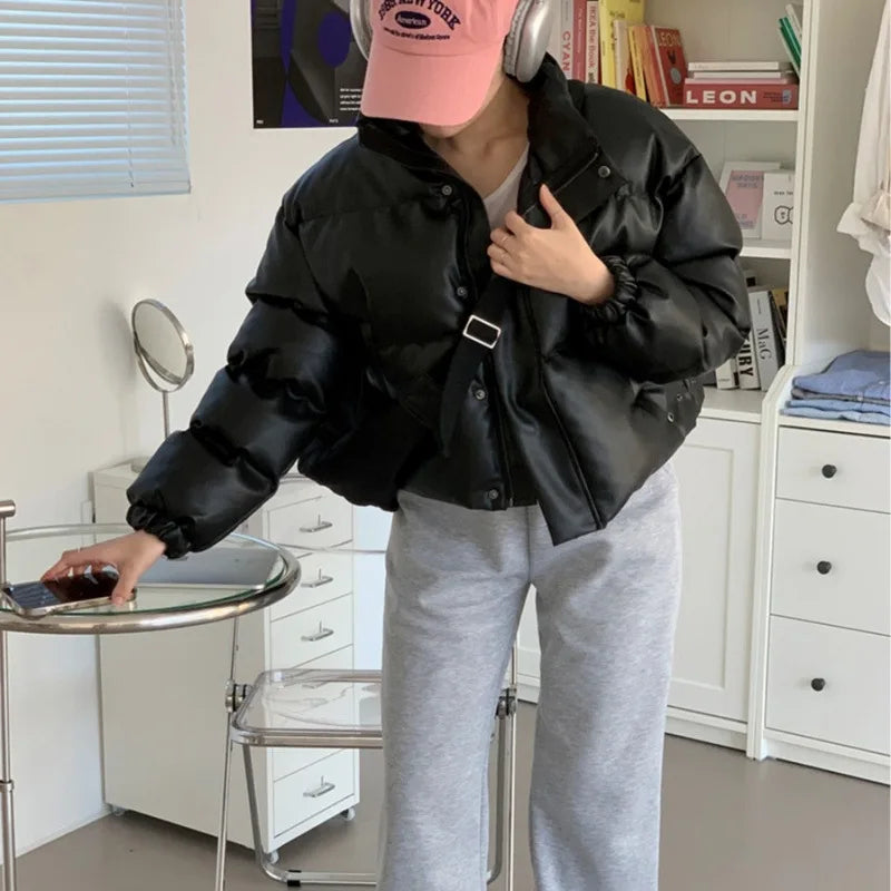 Stylish Urban Women's Winter Coat - Thickened Leather Design, 100cm Length 3