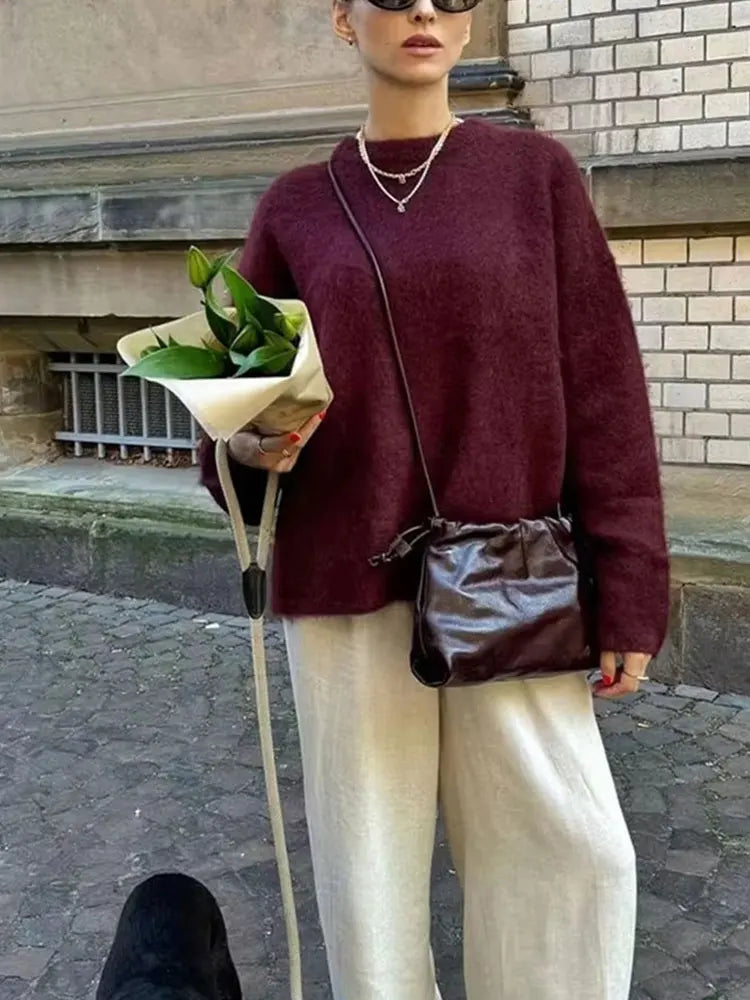 Vintage Wine Red Women's Sweater - Long Sleeve Knitted O Neck Pullover 0