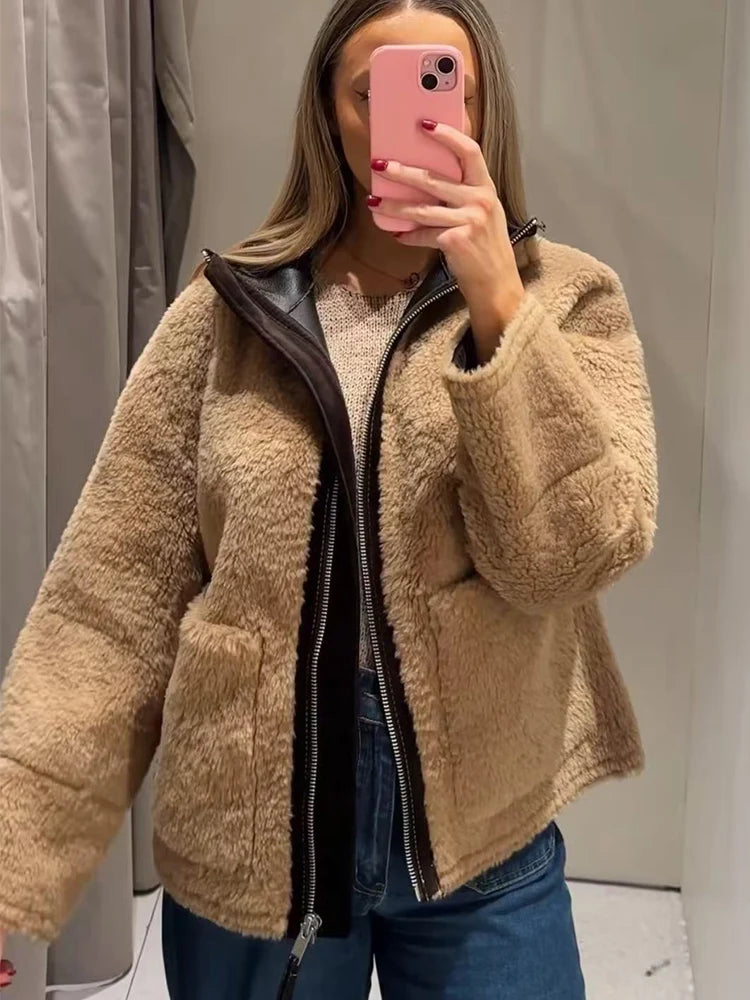 Women's Faux Fur Jacket - Stylish Winter Coat with Stand Collar & Pockets 1