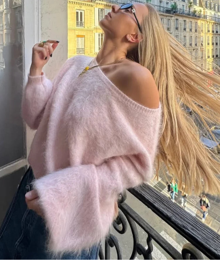Women's Off-Shoulder Mohair Sweater - Cozy Casual Knit Pullover for Autumn 0