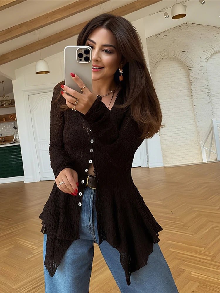 SOERA Jenna Shark Hem Sheer Jacquard Cardigan - Cardigans - 1005009613196786-;ec1775670871871188016 Black S