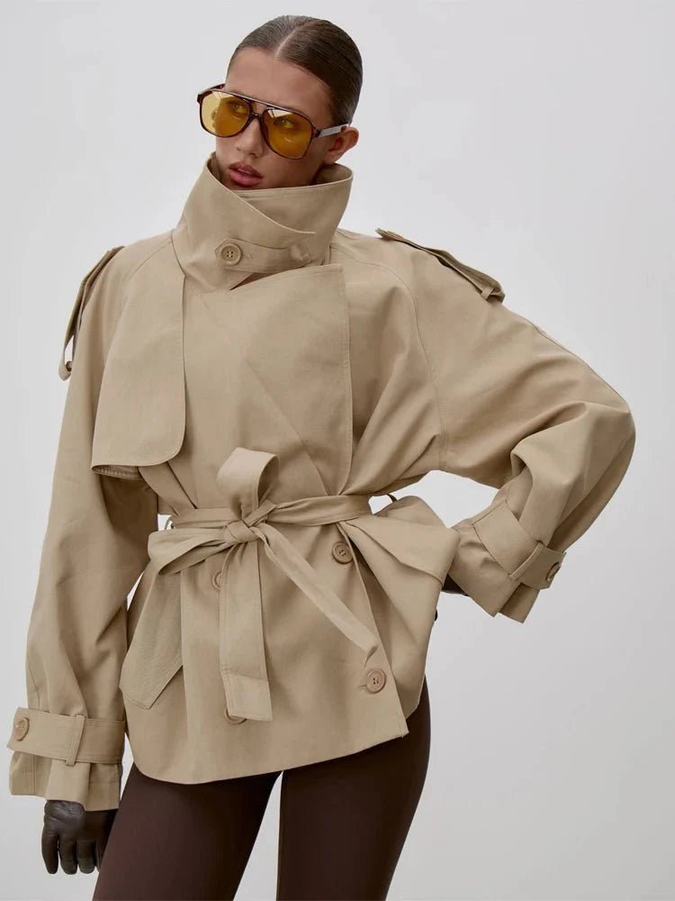 SOERA Octavia Lace - Up Stand Collar Trenchcoat - Coat - Beige S