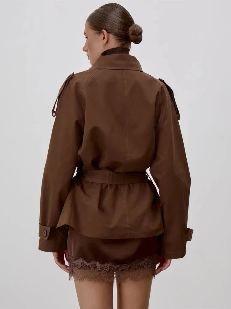 SOERA Octavia Lace - Up Stand Collar Trenchcoat - Coat - Brown S