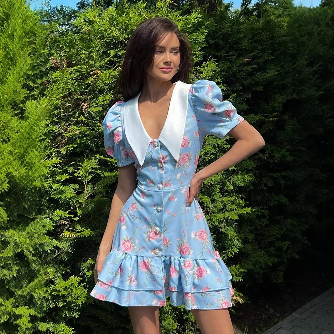 SOERA Andromeda Floral Puff Sleeve Mini Dress - Dress - Blue M