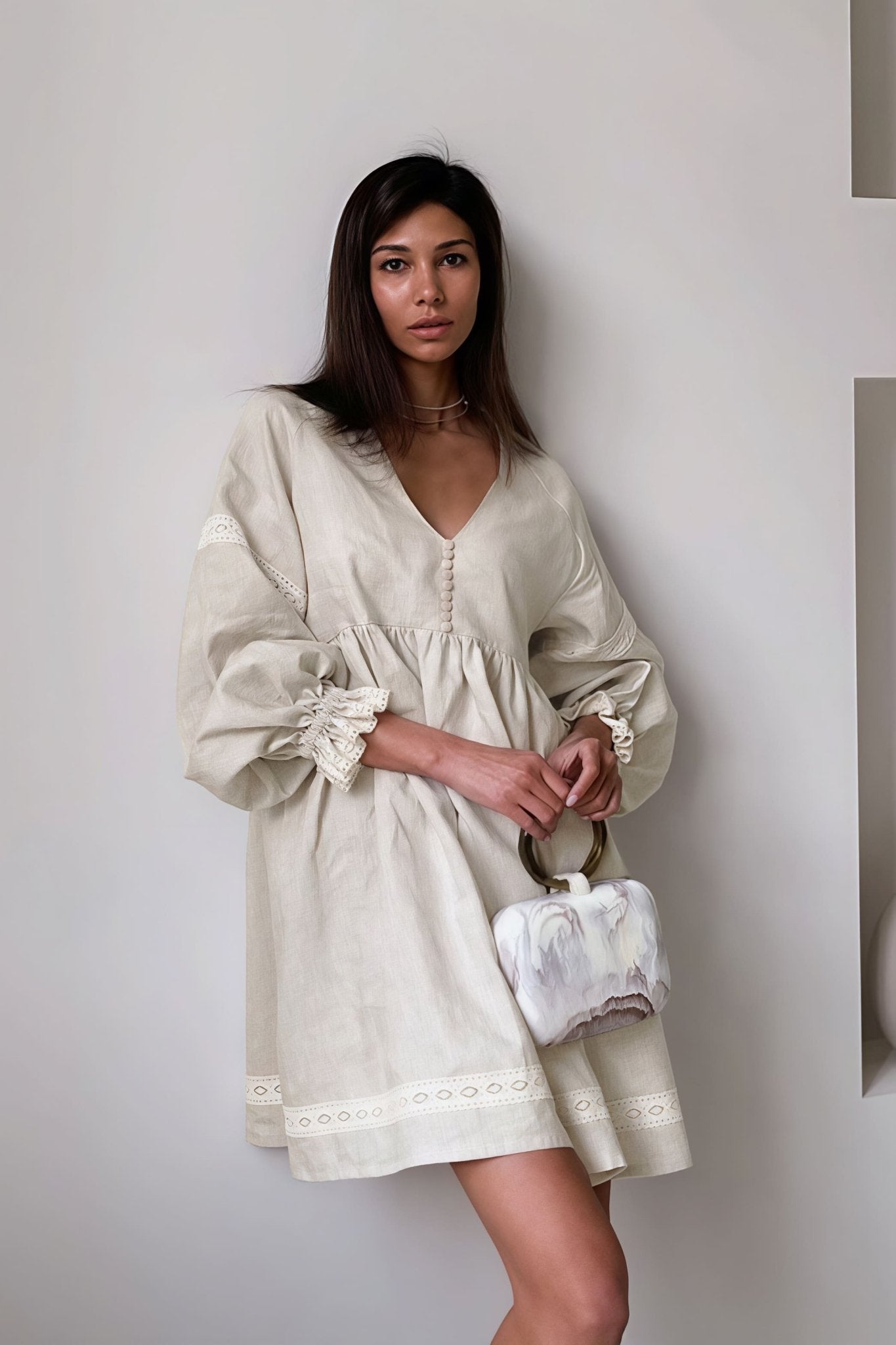 SOERA Beatrice Cotton Linen V - Neck Lantern Sleeve Mini Dress - Dress - Khaki S