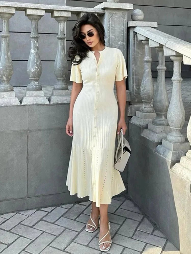 SOERA Bianca Bell Sleeve Pleated Knit Midi Dress - Dress - Beige S