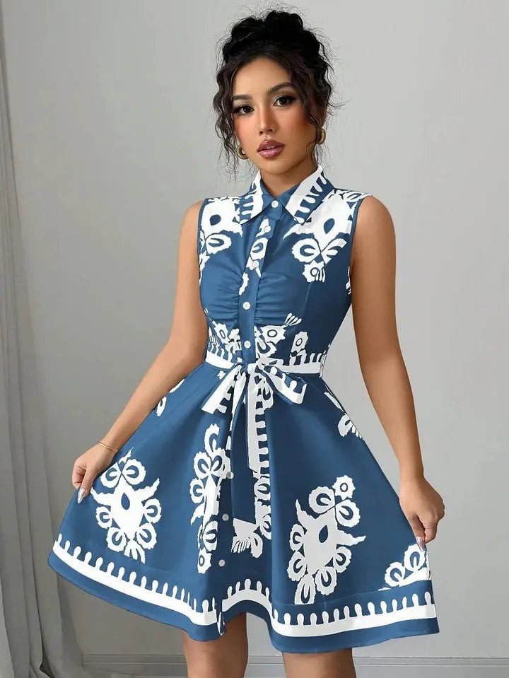 SOERA Bianca Butterfly Print Tie - Waist Midi Dress - Dress - Blue M