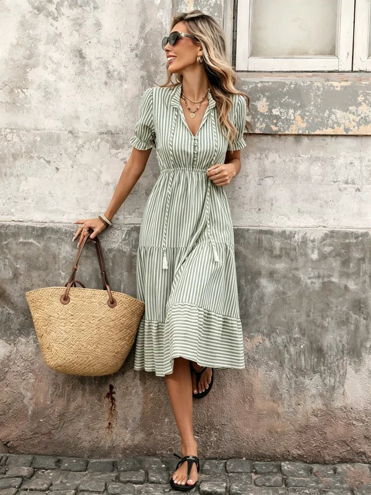 SOERA Bianca Striped Tassel Midi Dress - Dress - Green M
