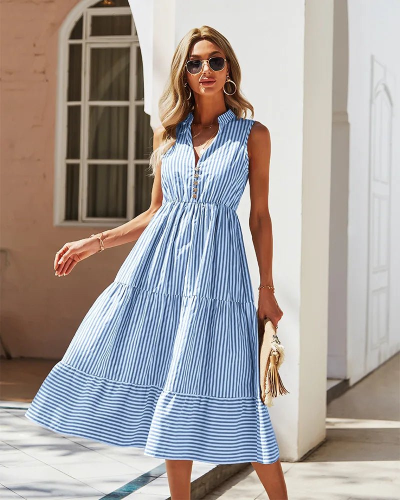 SOERA Bianca Striped V - Neck Sleeveless Shirt Dress - Dress - Blue S