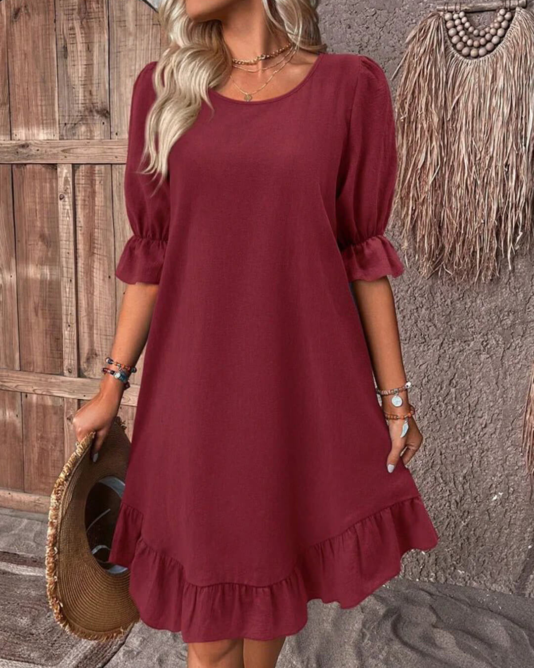 SOERA Celeste Ruffle Hem Smock Dress - Dress - Burgundy S