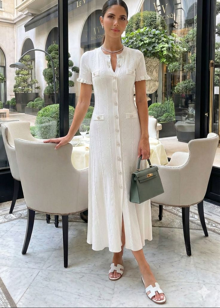 SOERA Erlinda Button - Front Knit Midi Dress - Dress - White