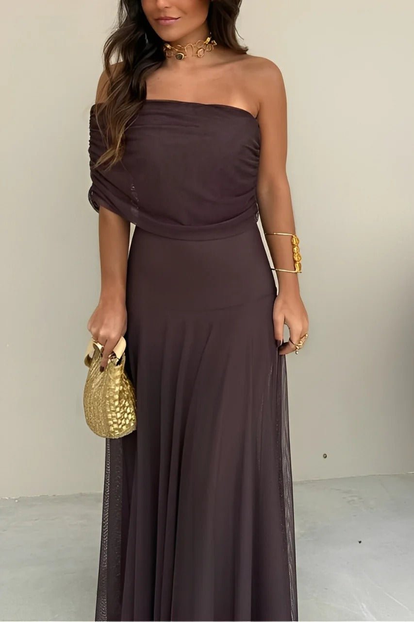 SOERA Sienna Off-Shoulder Ruched Maxi Dress - Dress - SOERA-616515-S-BROWN-71651 Brown S