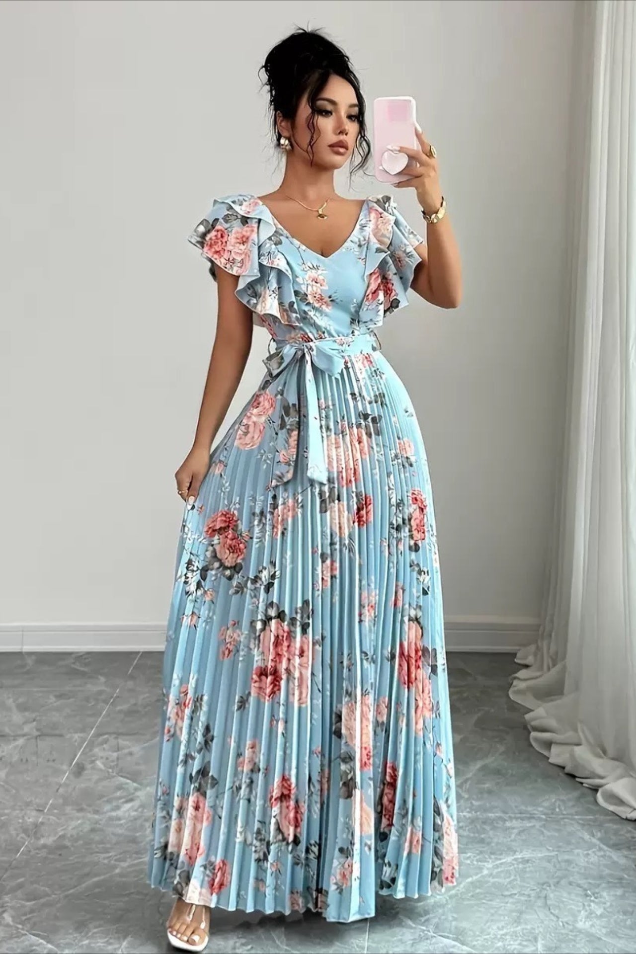 SOERA Valentina Floral V - Neck Ruffle Sleeve Maxi Dress - Dress - Beige XS