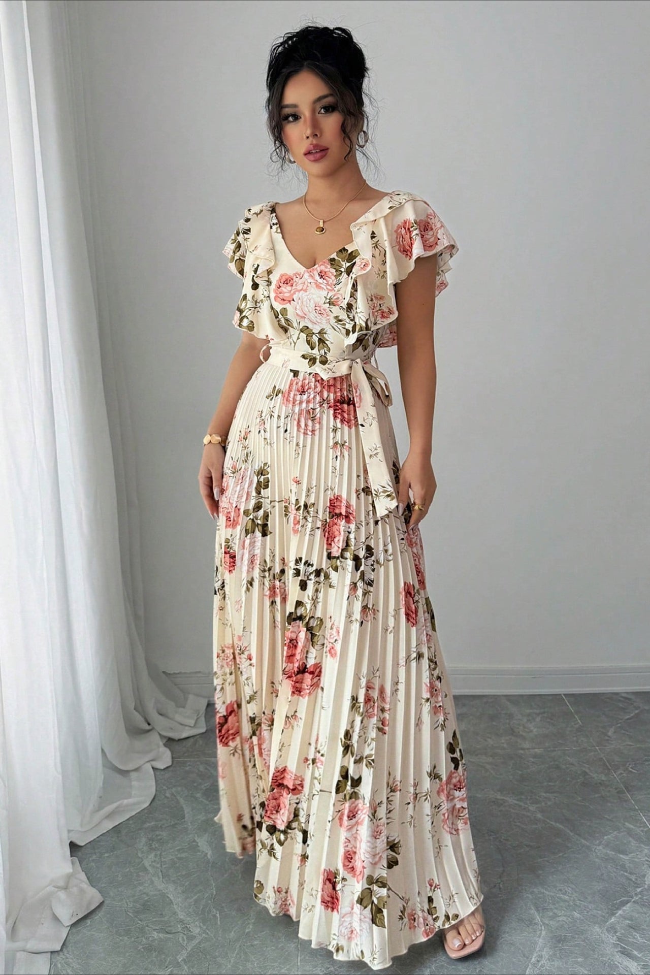 SOERA Valentina Floral V - Neck Ruffle Sleeve Maxi Dress - Dress - Beige XS
