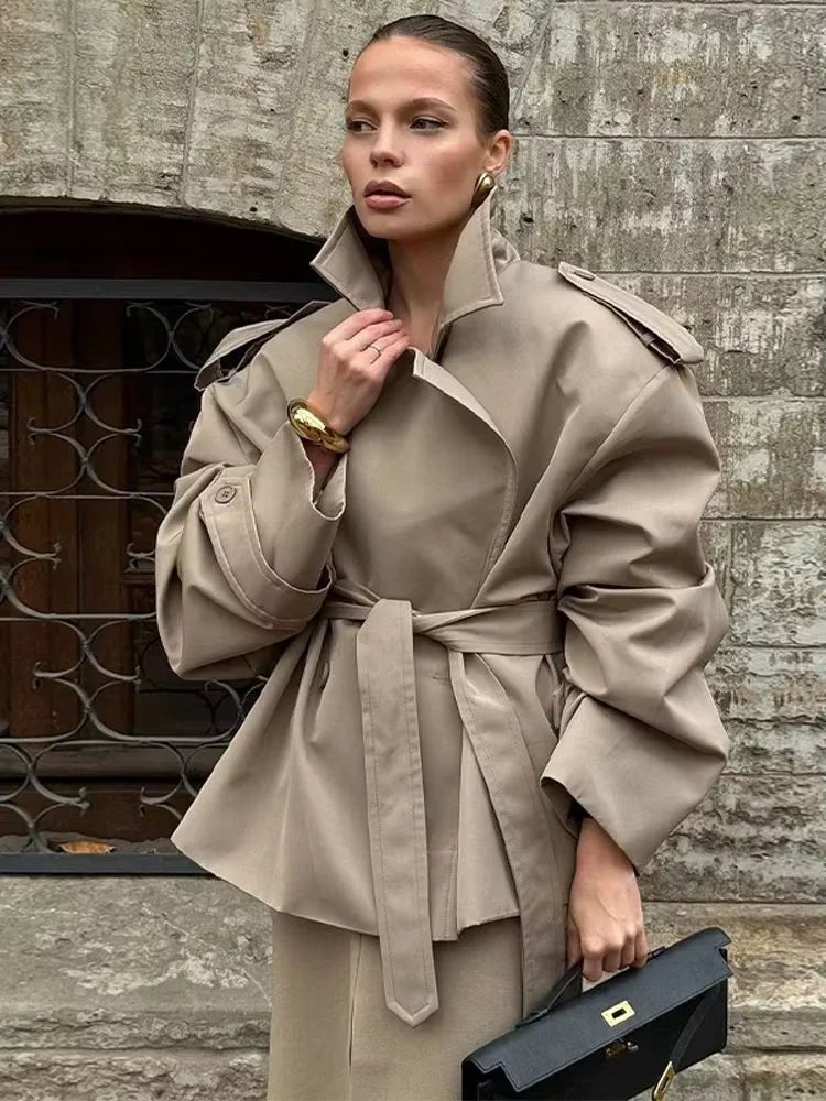 SOERA Leizel Lace Up Stand Collar Jacket - Jackets - zv1774532669740726166 Beige S
