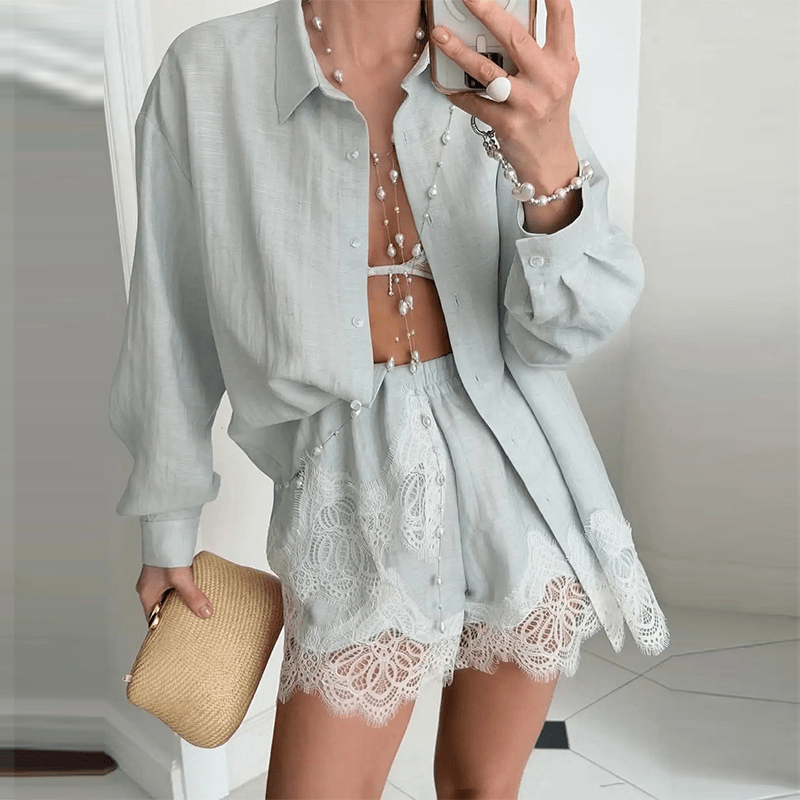 SOERA Celeste Lace Patchwork Beach Shirt Set - Matching Sets - Light Grey S