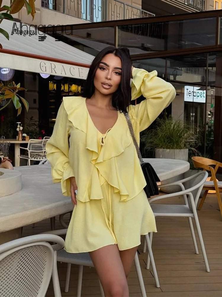 SOERA Cordelia V-Neck Ruffle Two-Piece Set - Matching Sets - Yellow S