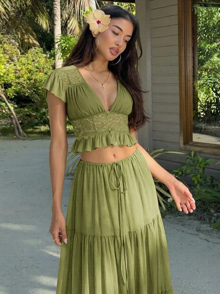 SOERA Morrigan Lace Chiffon Top & Skirt Set - Matching Sets - Green XS