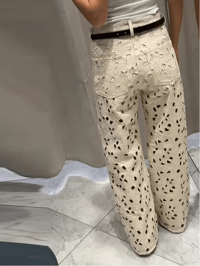 SOERA Anais Hollow - Out Denim High Waist Straight Jeans - Pants - Beige S