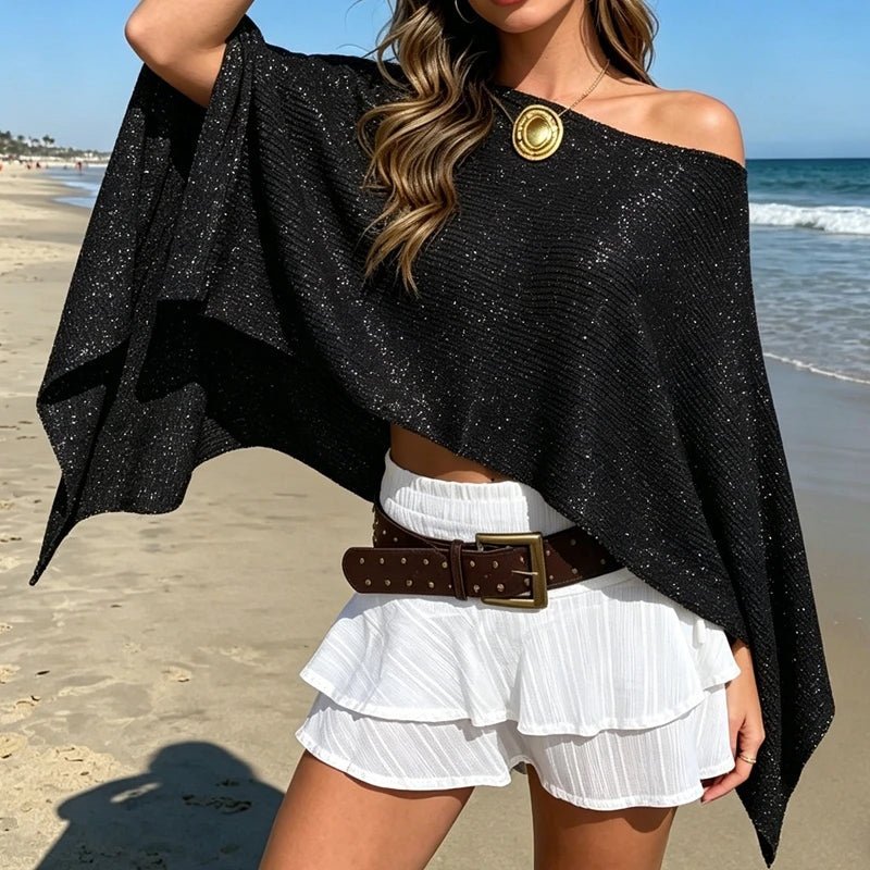 SOERA Bianca Shimmer Off-Shoulder Poncho Cape - Poncho - Black