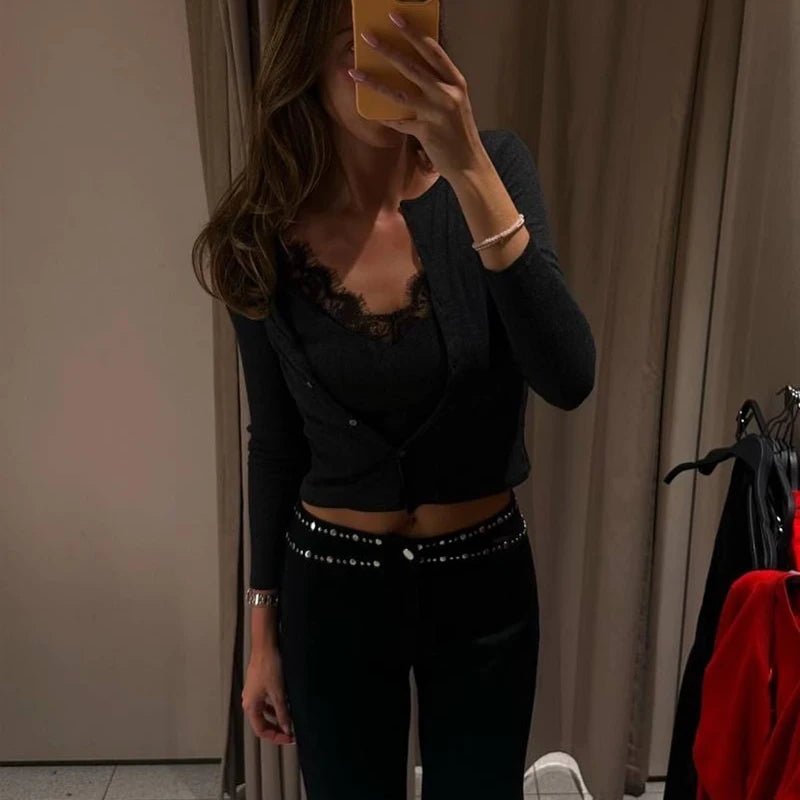 SOERA Ada Paneled Lace Trim Top - Tops - Black L