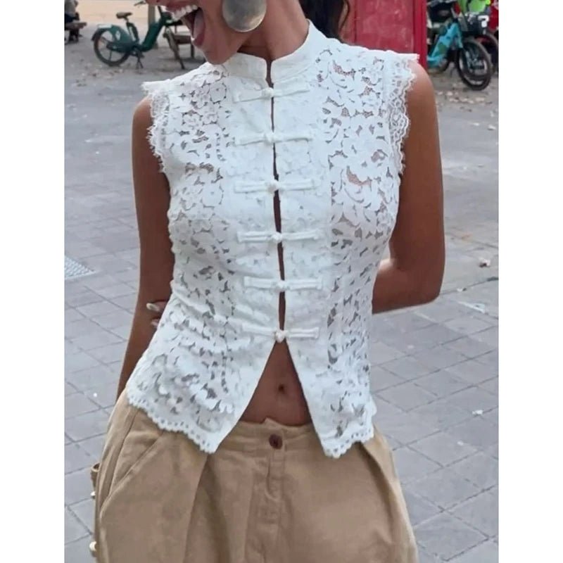SOERA Beatrix Sheer Lace Mandarin Collar Blouse - Tops - White L