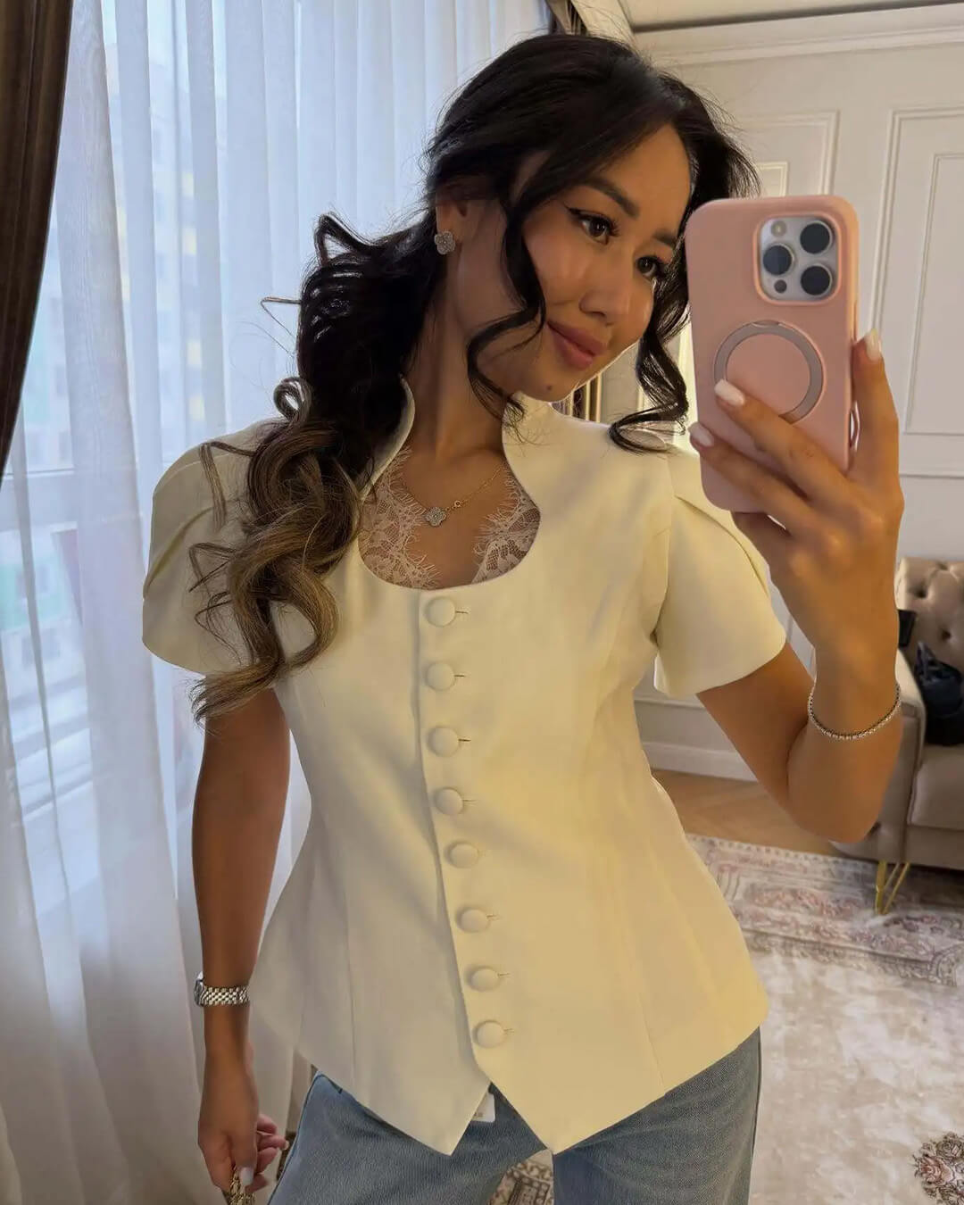 SOERA Bianca Button Front Stand Collar Top - Tops - White XS