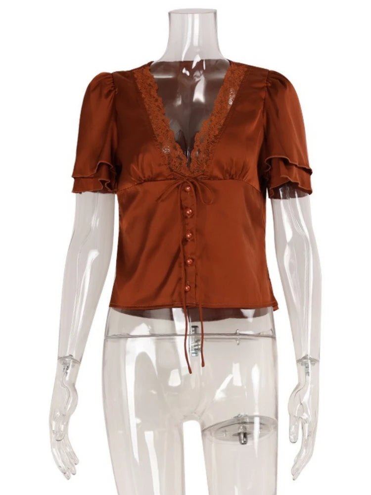 SOERA Nathalie Satin Lace Blouse - Tops - Rusty Brown S