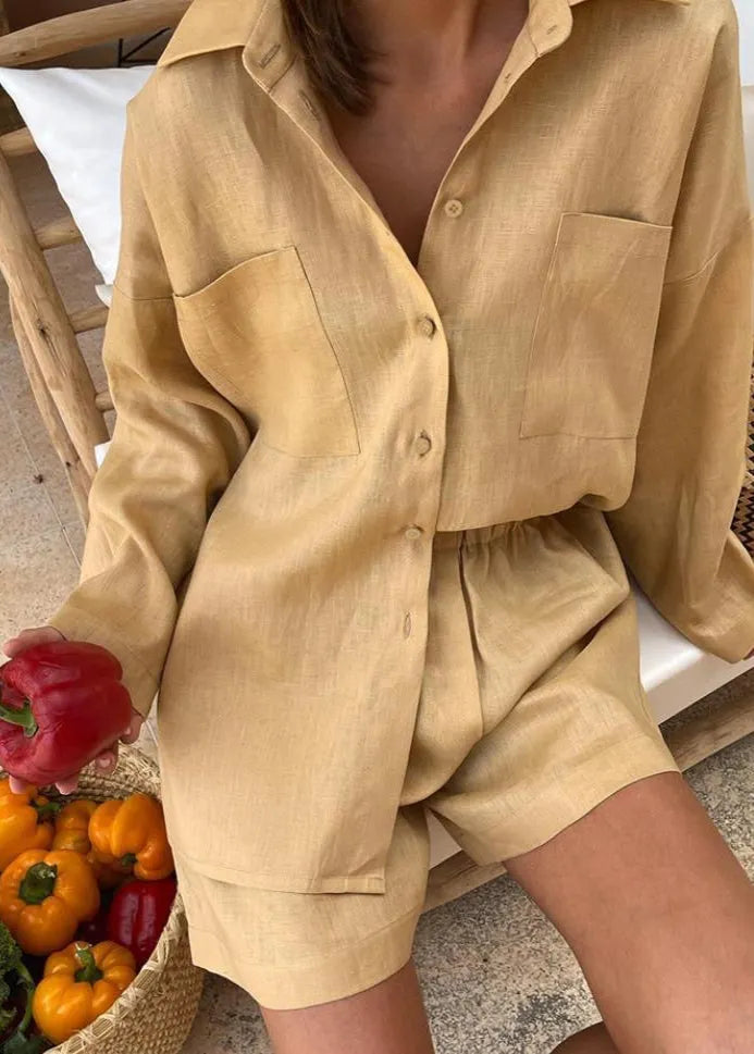 Sophia Linen Button-Down Shirt & High-Waist Shorts Set