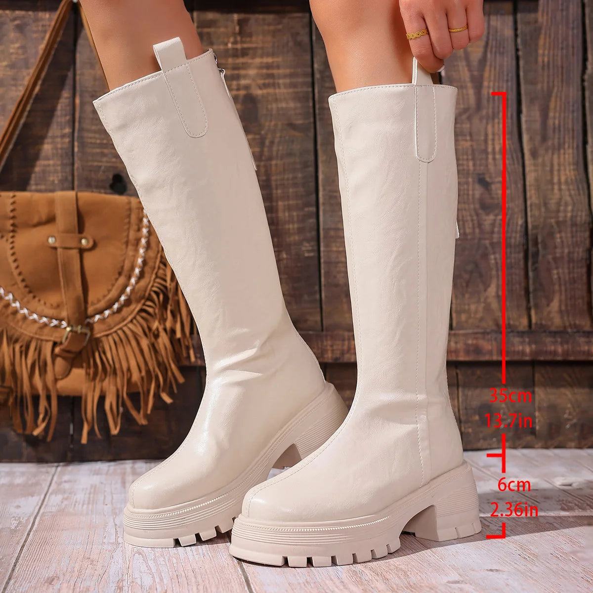 Comemore Women's Knee High Black Boots - Thick Bottom Round Toe Leather High Heels for Autumn Winter 1