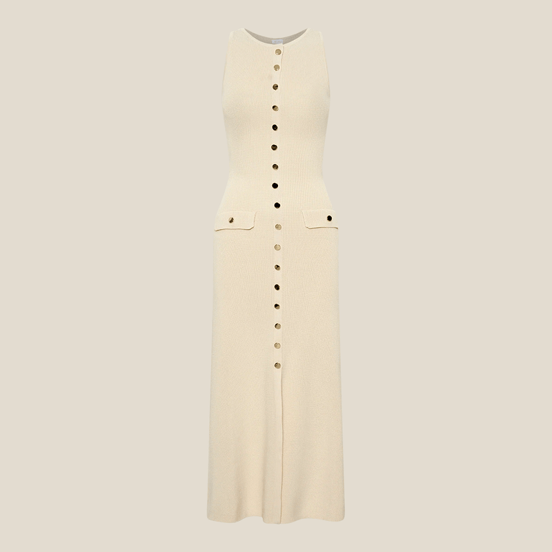 SOERA cream sleeveless button-front dress