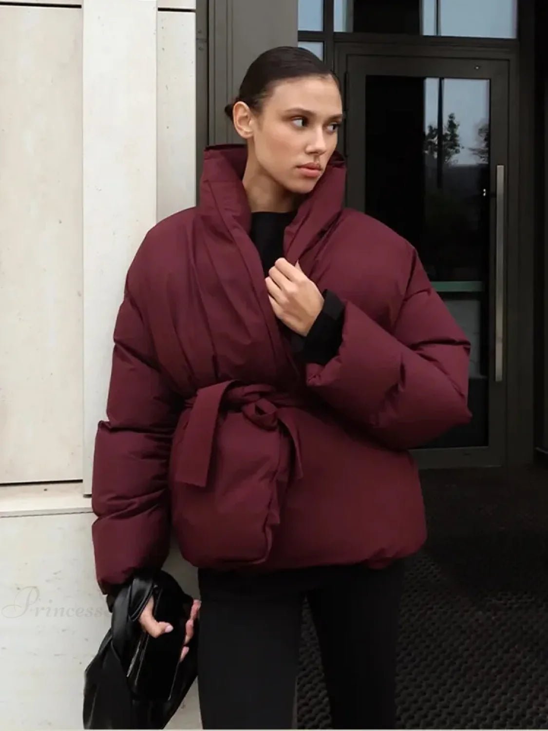 Elegant Padded Tie-Belt Winter Coat for Women - Soft Cotton Outerwear 9