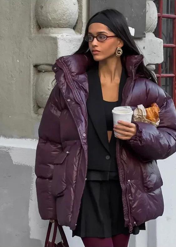 Oversized Glossy Puffer Jacket Women - Deep Plum Winter Outerwear Coat 1
