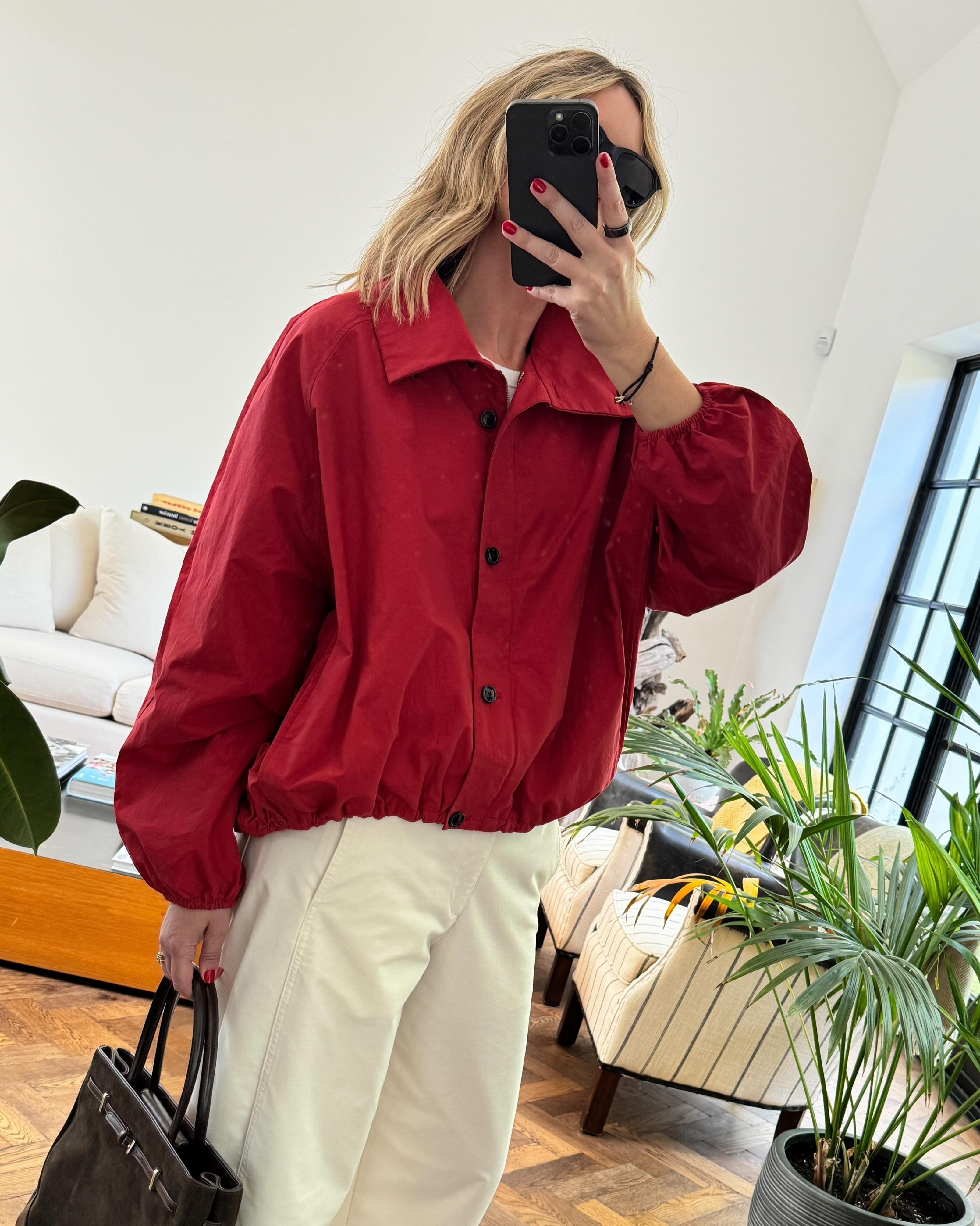 Red High-Neck Puff Bomber Jacket for Women - Stylish and Elegant Design 7