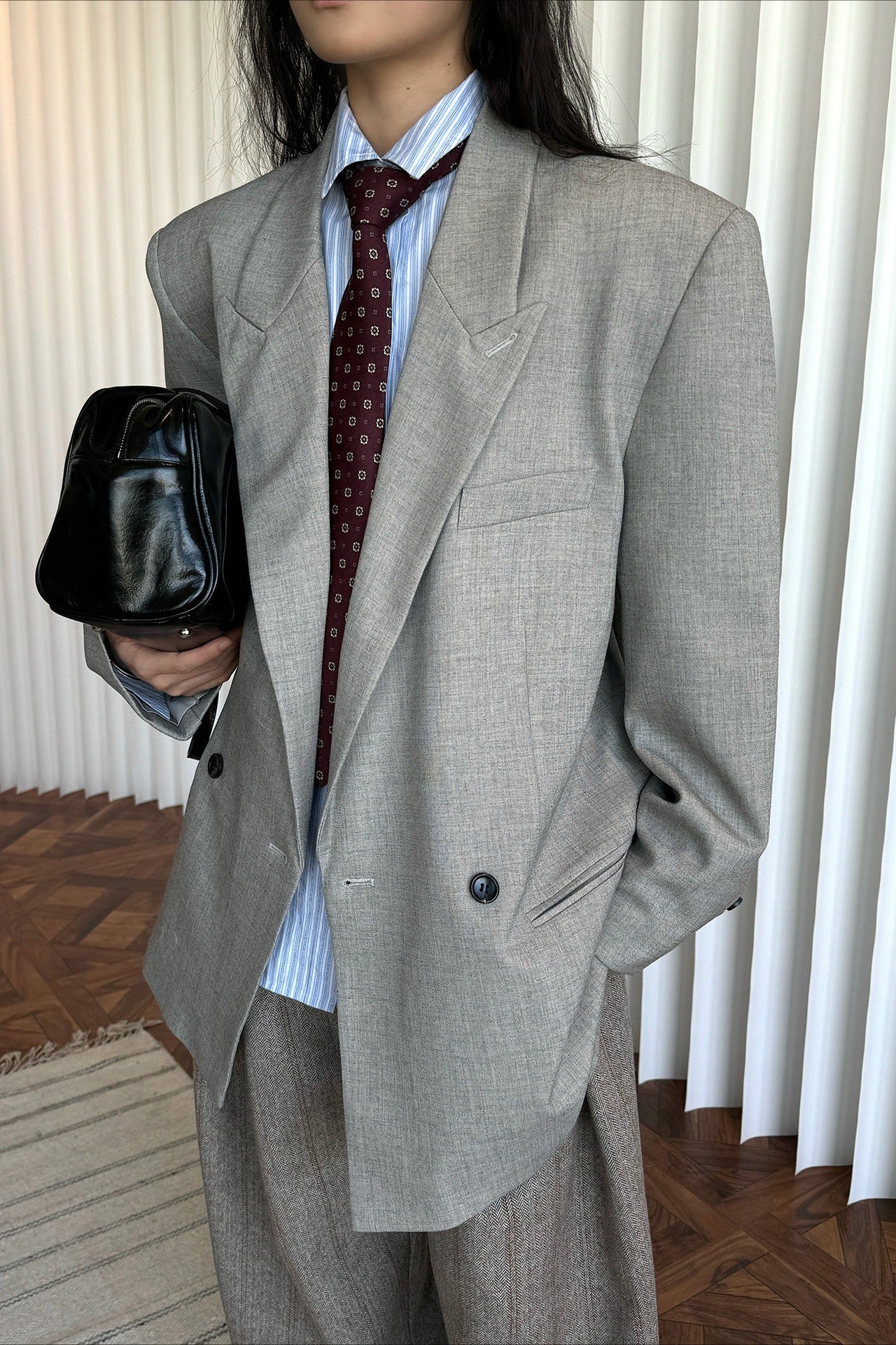 Structured Wide Shoulder Blazer With Lapel Collar - Loose Fit, Long Sleeve, Polyester Viscose Blend 0