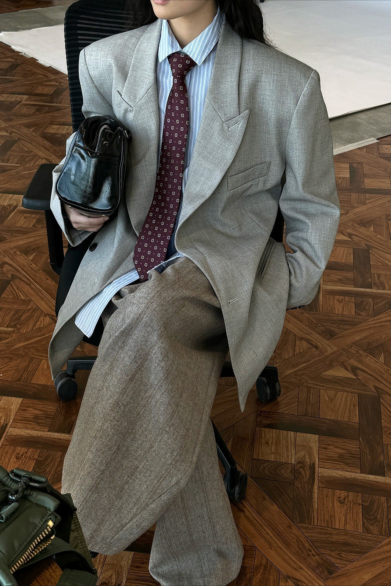 Structured Wide Shoulder Blazer With Lapel Collar - Loose Fit, Long Sleeve, Polyester Viscose Blend 1