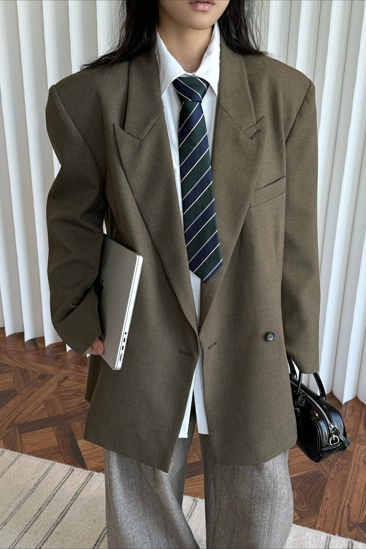 Structured Wide Shoulder Blazer With Lapel Collar - Loose Fit, Long Sleeve, Polyester Viscose Blend 5