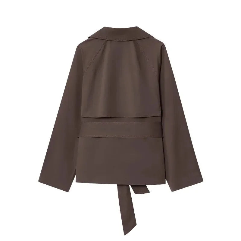 Women's Double-Breasted Black Trench Coat With Belt - Stylish Long Sleeve Lapel Outerwear for Spring and Autumn 4