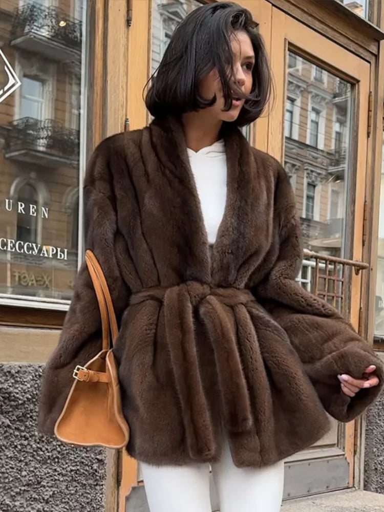 Women's Elegant Lace Up Faux Fur Jacket - Plush V-Neck Long Sleeve Loose Winter Coat for Daily Commute 0