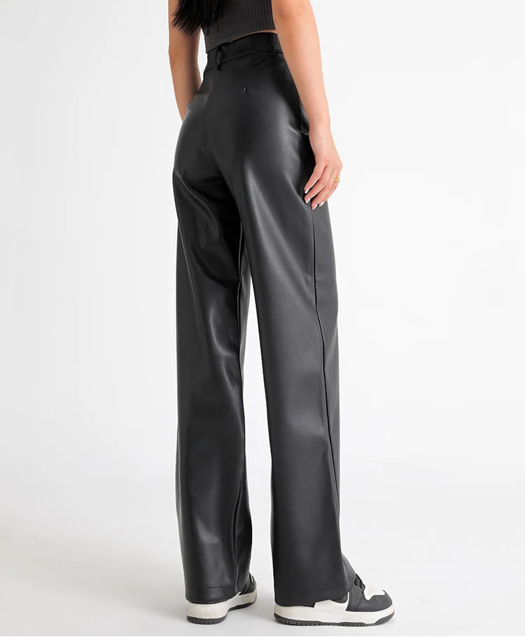 Women's High Waist Fleece Lined PU Leather Wide Leg Pants - Stylish Comfort 1