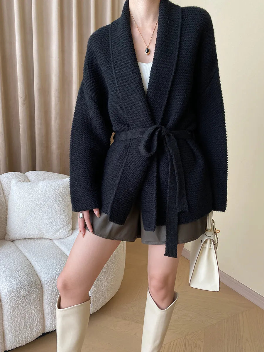 Women's Knitted Cardigan Sweater with Belt Loose Oversized Cardigans Solid Khaki Warm Lace Up Waist Fashion Coats for Women 5