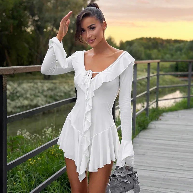SOERA Iris V-Neck Ruffle Mini Dress - Dress - SOERA-252867-WHI-M-21315 M