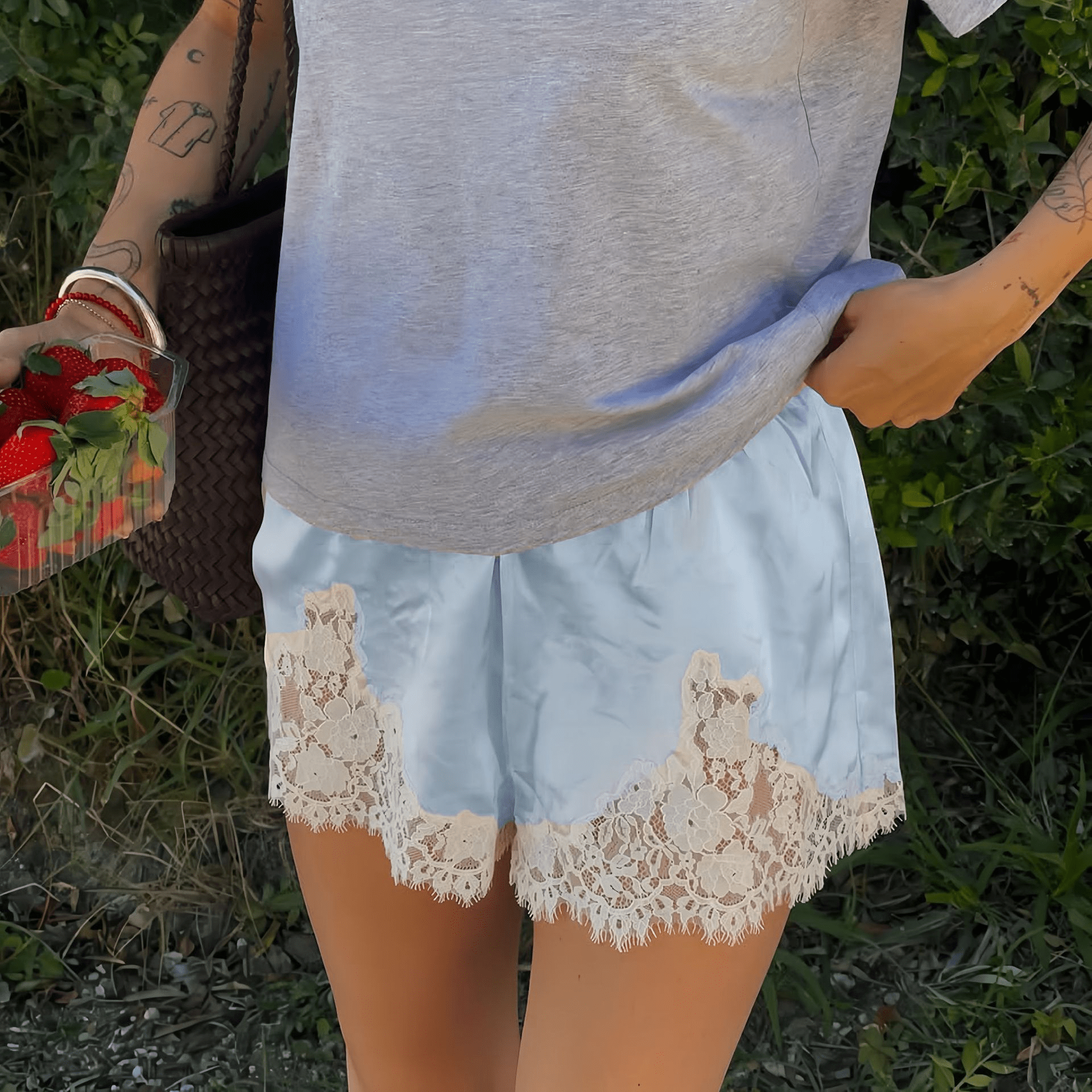 SOERA Dominique Satin Silk Lace Shorts - Bottoms -  Light Blue S