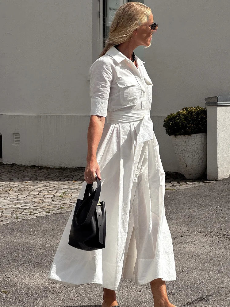 SOERA Ariane Belted Shirt Midi Dress - Dress -  White L
