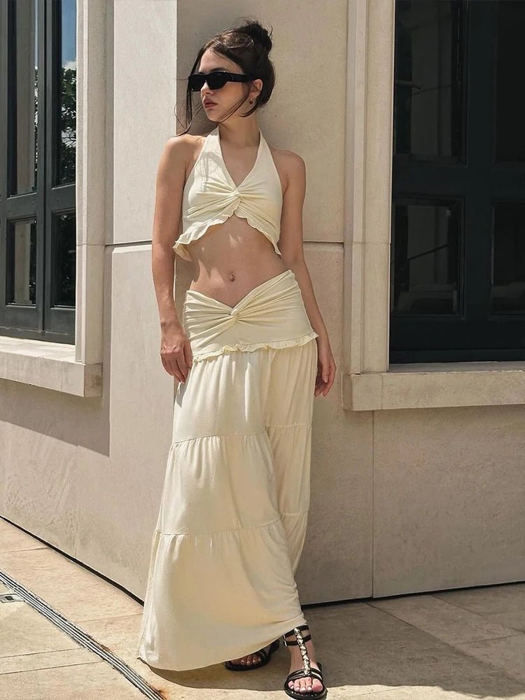 SOERA Bianca Halter Crop Top & Pleated Skirt Set - Dress - SOERA-890627-CRE-L-09315 L