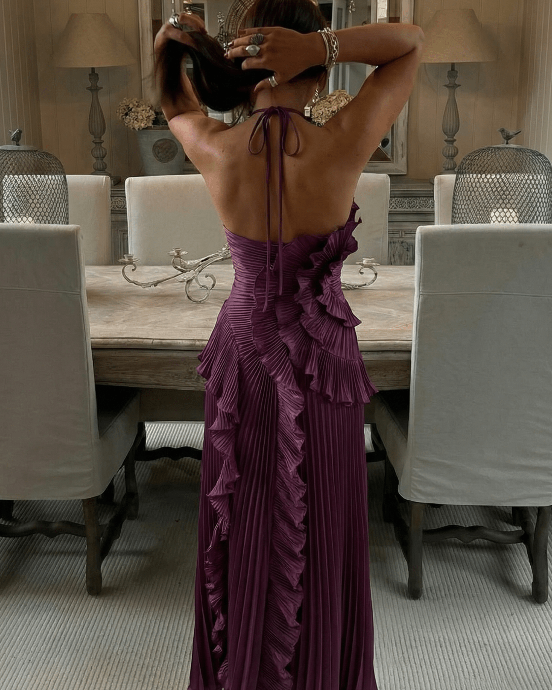 SOERA Rachel Halter Pleated Ruffle Maxi Dress - Dress - SOERA-320515-DAR-M-23619 Dark Purple M