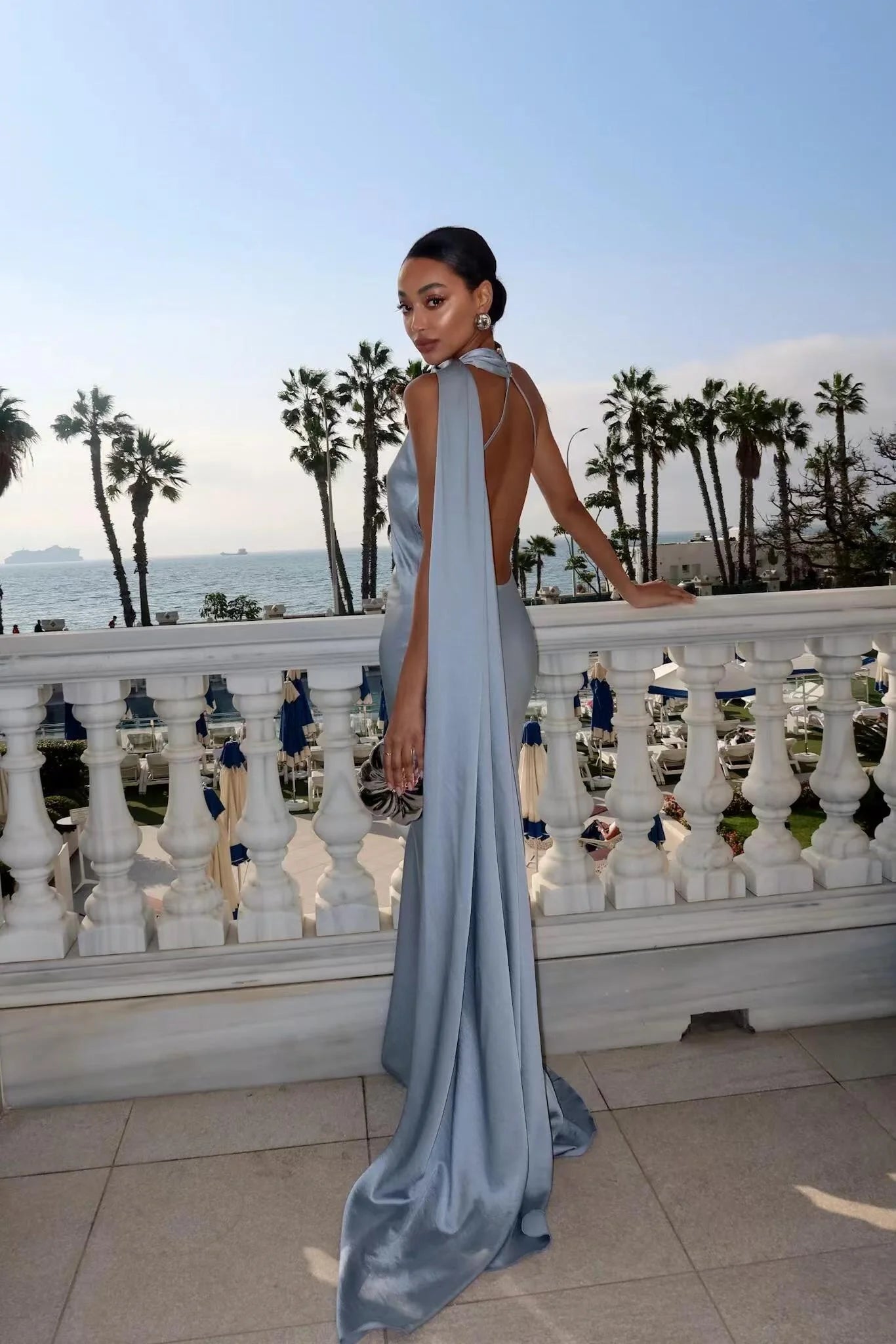 SOERA Raisa Satin Ribbon Backless Evening Gown - Dress -  Blue S