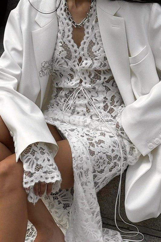 SOERA Carla Lace Deep V Long Sleeve Split Maxi Dress - Dress - SOERA-323267-WHI-L-74723 White L