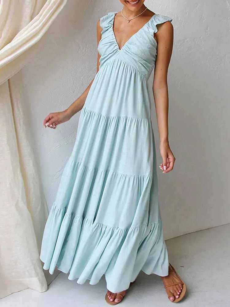 SOERA Tahlia Ruffle Cotton Linen Maxi Dress - Dress -  Light Blue S
