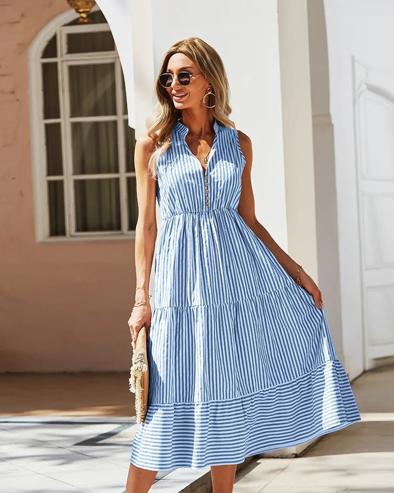 SOERA Bianca Striped V-Neck Sleeveless Shirt Dress - Dresses -  Blue S